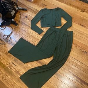 High waist, palazzo pants with cropped long sleeved shirt,